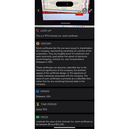 Vintage 1970s Unimed stock certificate with collectible value in Rare Vintage 1970s treasure