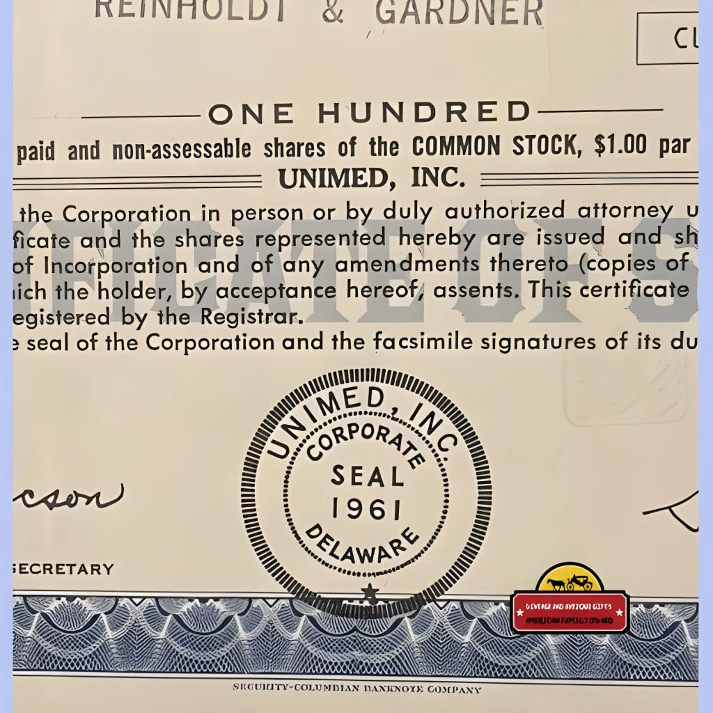 Stock certificate for 100 shares in Unimed, Inc., a rare vintage collectible from 1970s