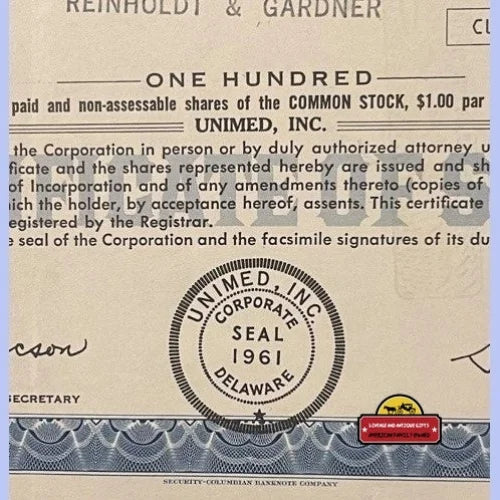Rare Vintage Unimed Inc. Stock Certificate 1970s Madison Nj - Advertisements - Antique Quack Pharmacy Labels Tins Etc...