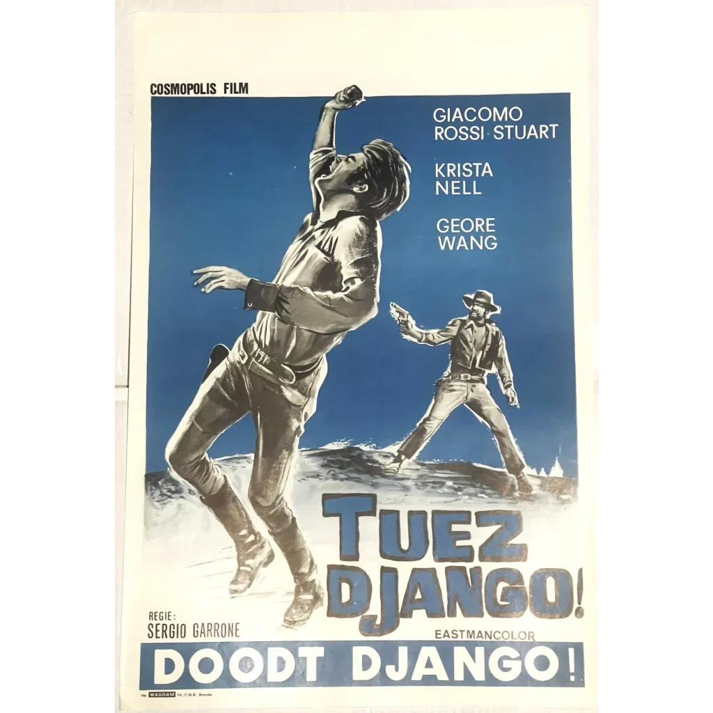 Vintage Tuez Django Doodt Belgium movie poster with action figures on a blue background