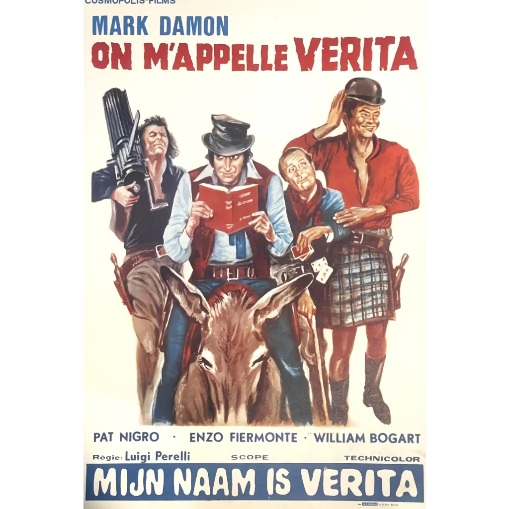 Movie poster for On M’appelle Verita, featuring characters in Western and period costumes