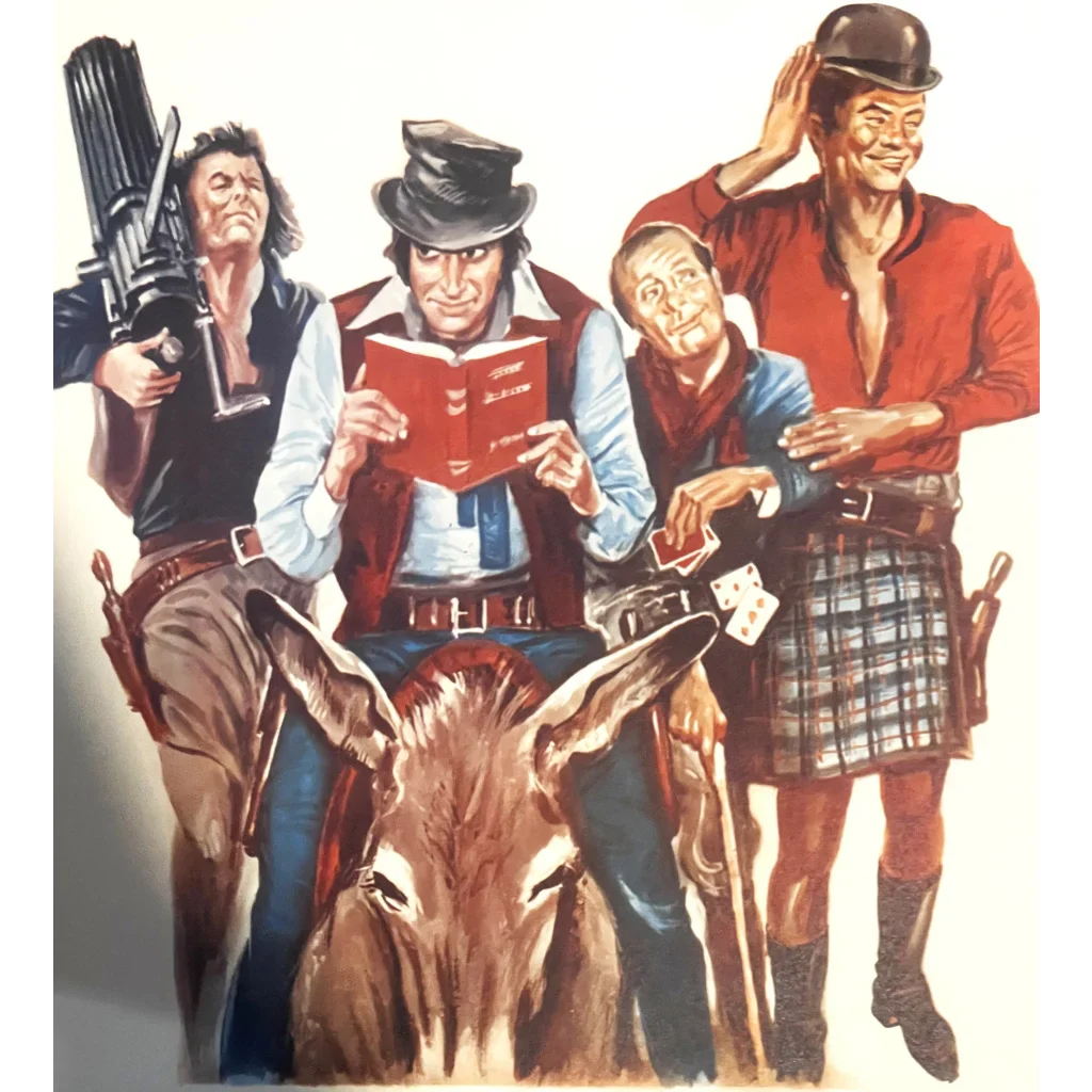 Four quirky characters with a donkey on the Discover 1972 Verita Belgium movie poster