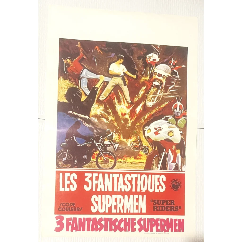 Rare vintage movie poster for Les 3 Fantastiques Supermen with action and super riders