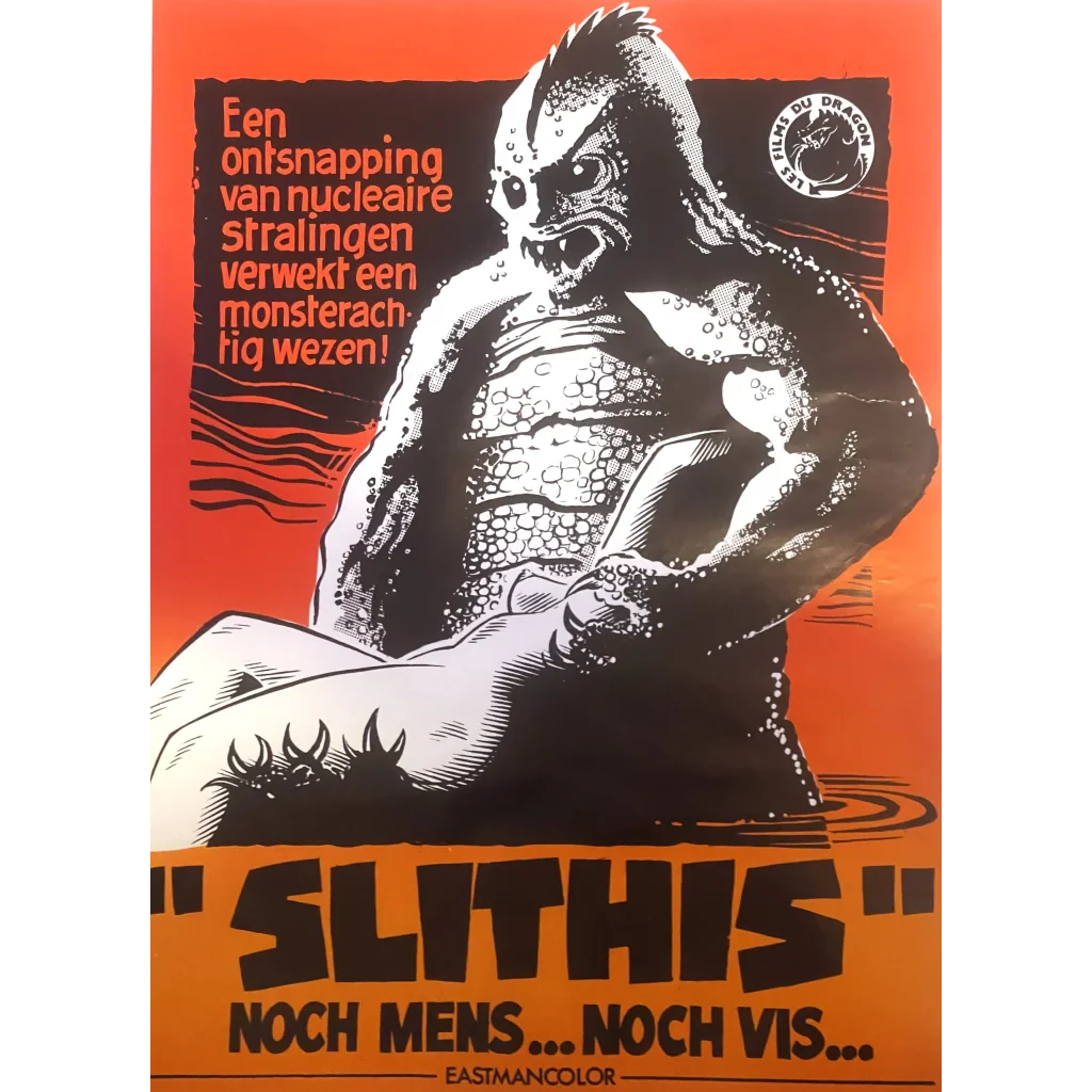 Reptilian humanoid from the Slithis Belgium movie poster, showing off its scaly skin