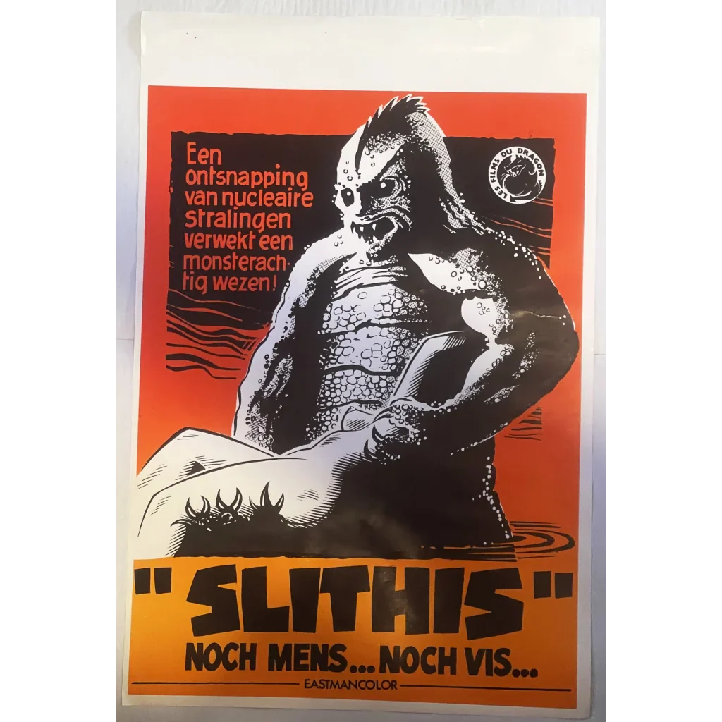 Menacing humanoid fish creature on a Rare Vintage Belgium Movie Poster for Slithis 1978