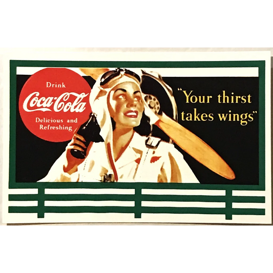 Vintage Amelia Earhart Coke ad with aviator holding a bottle, a tangible link to history