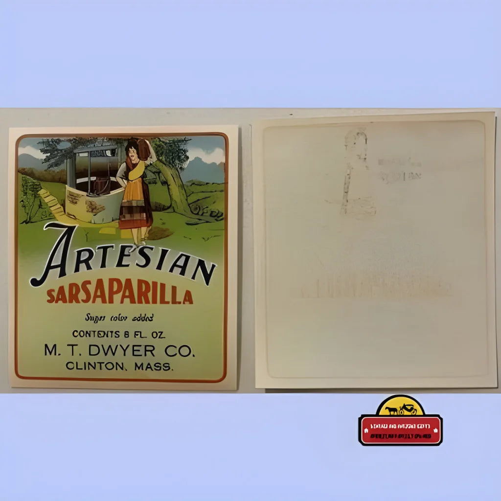 Vintage Artesian Sarsaparilla label from the 1930s with a woman pouring the drink