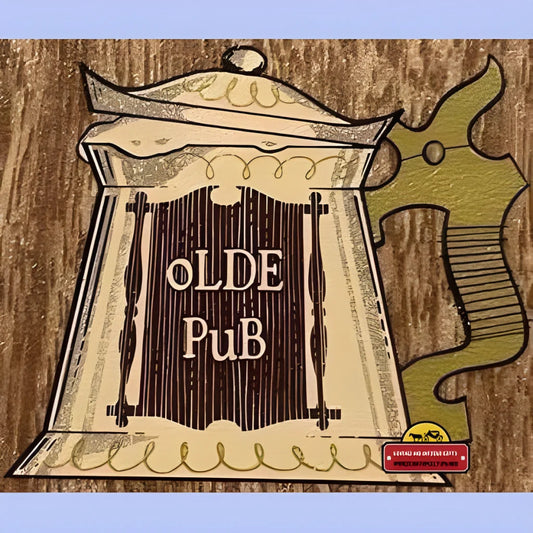 Stylized wooden sign shaped like a beer stein for Olde Pub vintage beer label