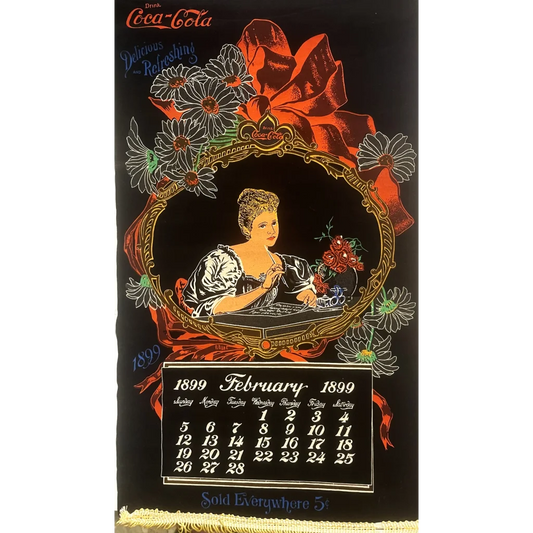 Rare Vintage 1970s Coke Coca-Cola Scroll Cloth with Tassels 1899 Calendar! Advertisements Tassle Calendar | Stunning