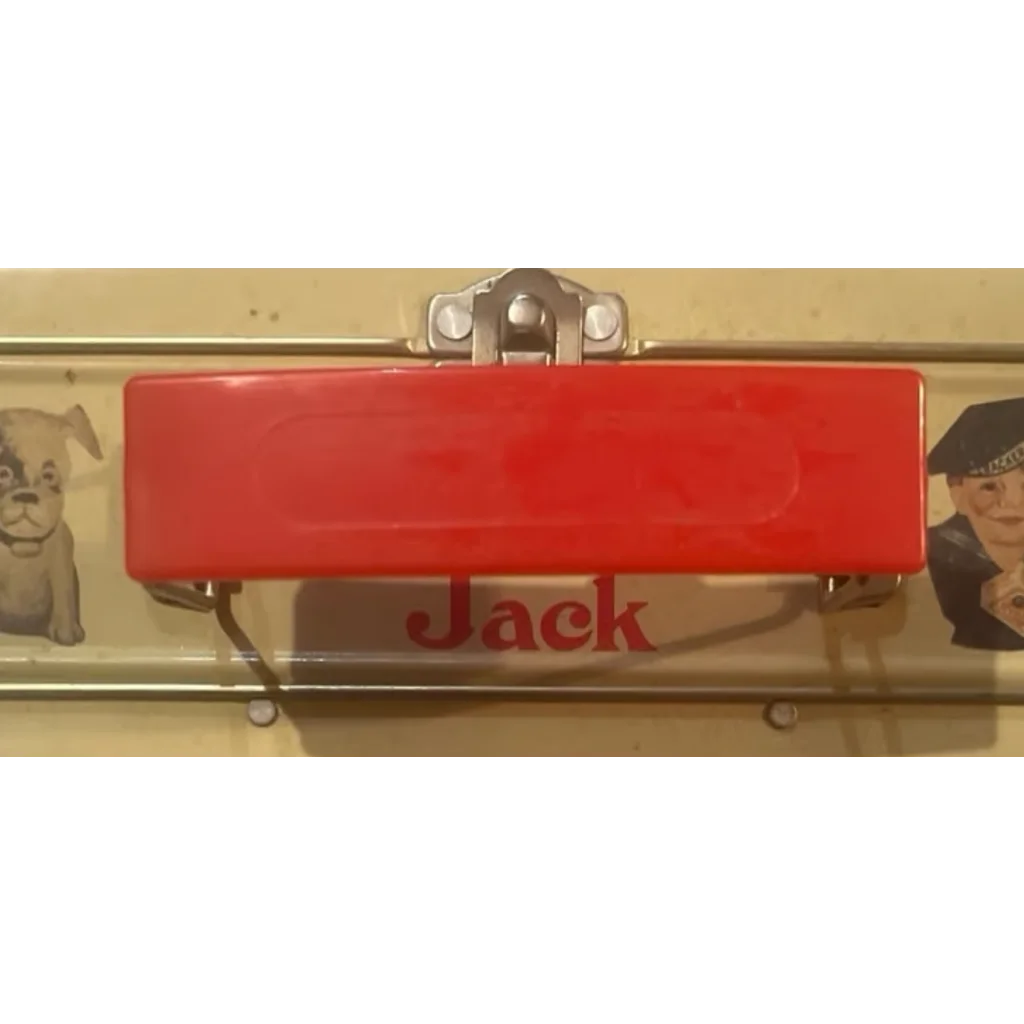 Red metal lunchbox with Jack printed, part of Rare Vintage Cracker Jack collection