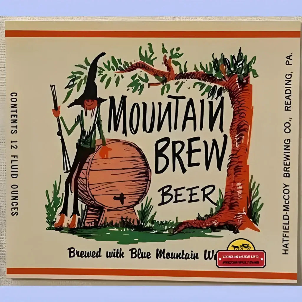 Vintage Mountain Brew beer label with witch, broom, cauldron in forest