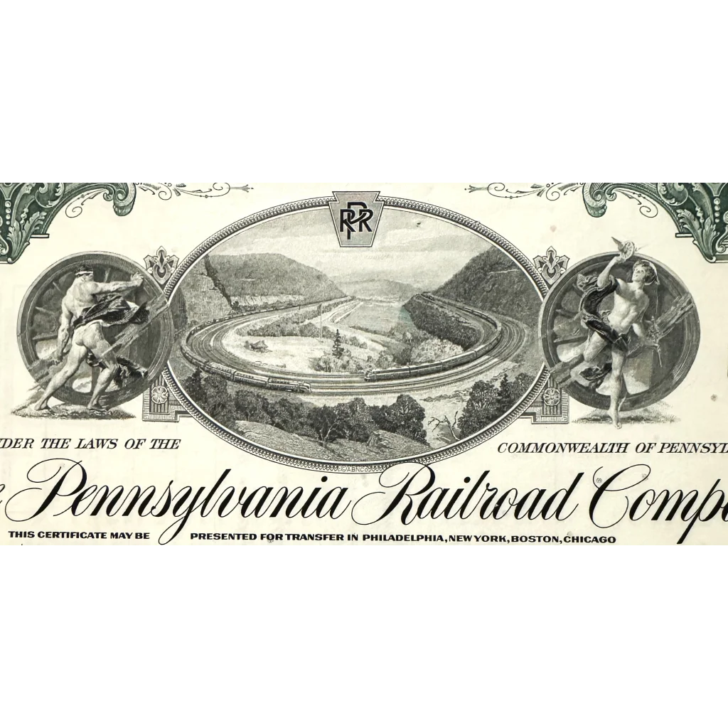 Rare Vintage Pennsylvania Railroad Stock Certificate with ornate designs and scenic vignette