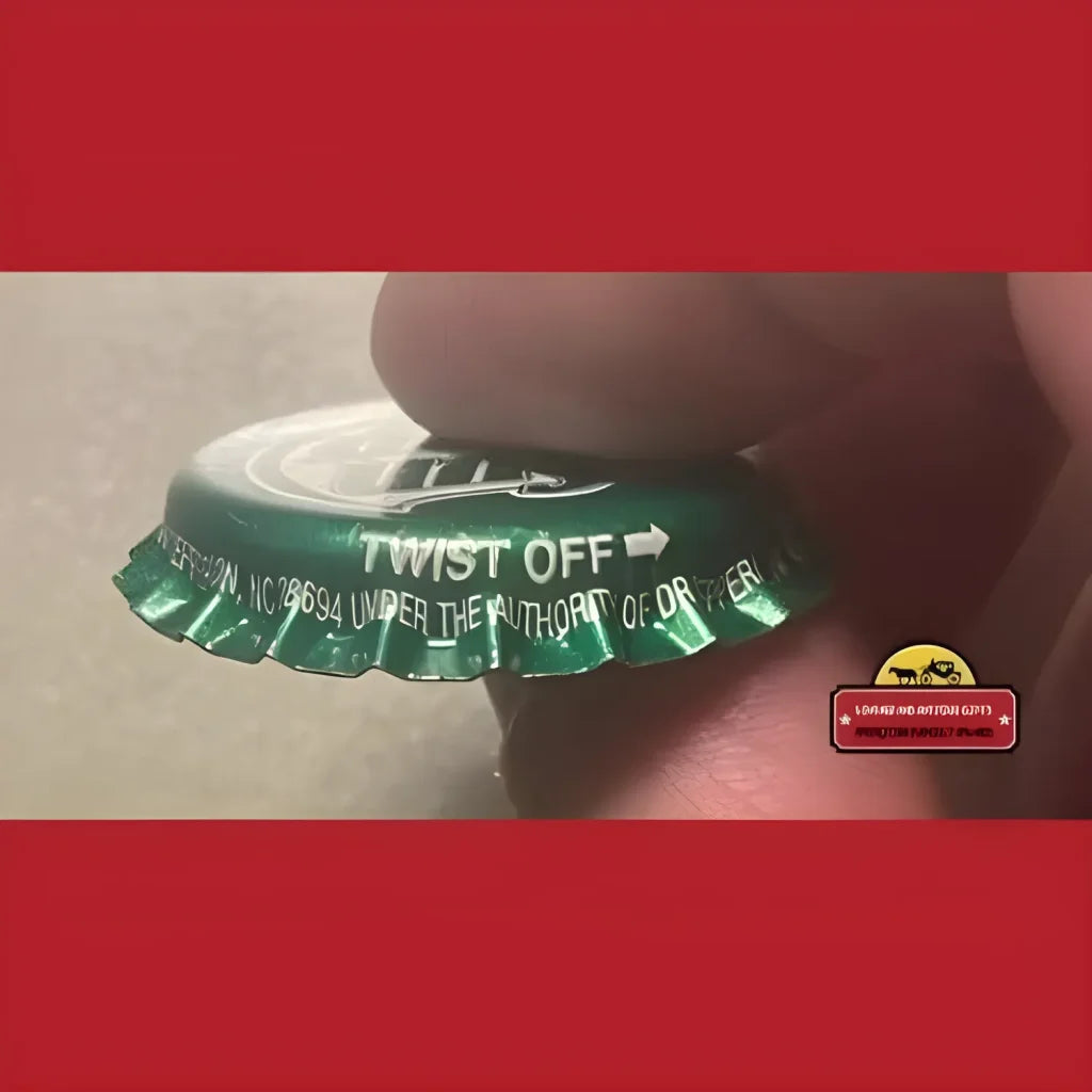 Green bottle cap with TWIST OFF text from a rare Vintage Sun Drop bottle, 1980s Texas