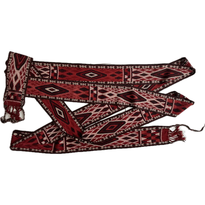 Antique Yomut tent band from late 1800s Turkmenistan showing full length diamond pattern in red and deep blue