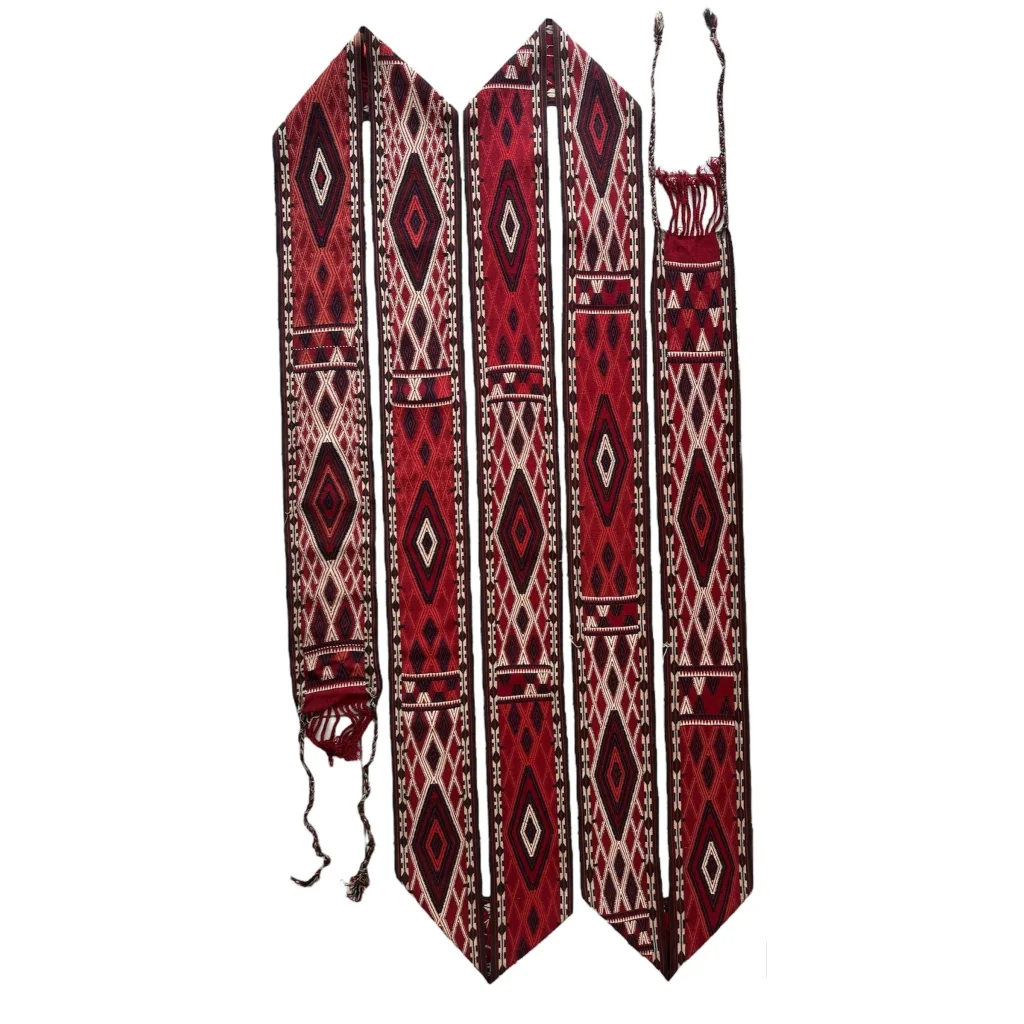 Antique Yomut tent band from late 1800s Turkmenistan in red, blue and white geometric diamond Zili weave