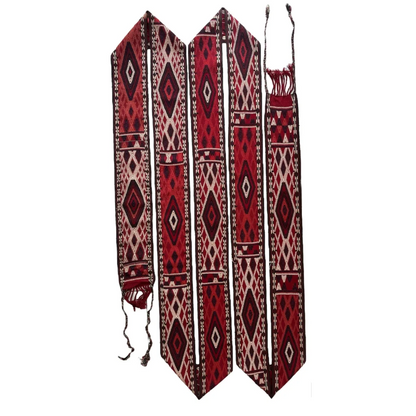 Antique Yomut tent band from late 1800s Turkmenistan in red, blue and white geometric diamond Zili weave