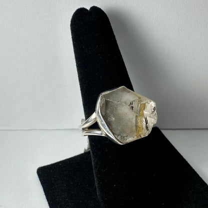 Striking raw quartz ring with citrine crystal in geometric silver band