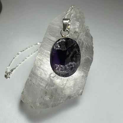 Silver raw rough amethyst pendant in sterling silver with oval stone