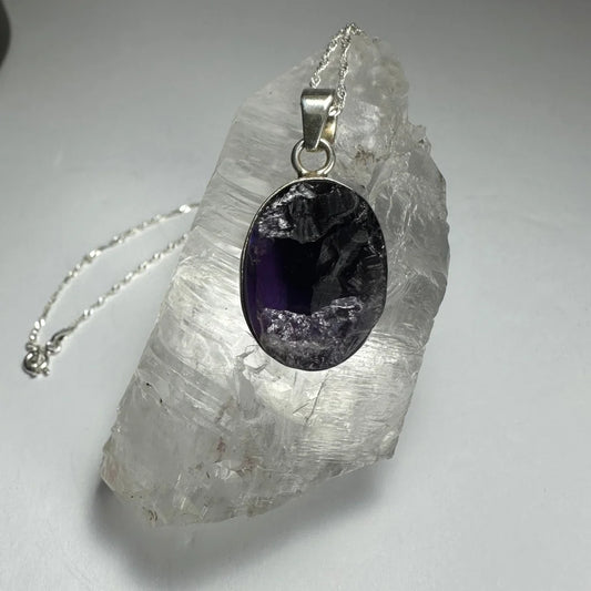 Silver raw rough amethyst pendant in sterling silver with oval stone