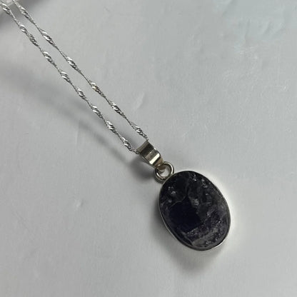 Silver twisted chain with raw rough amethyst pendant in sterling silver