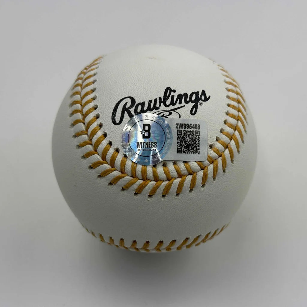 Rawlings 5x Gold Glove signed baseball with gold stitching, QR code