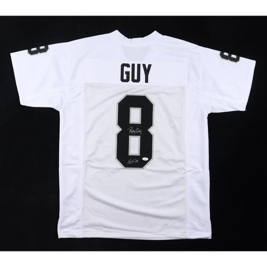 White Ray Guy signed jersey with black number 8 and HOF 14 inscription collectible