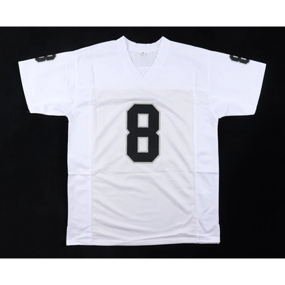 White short-sleeved Ray Guy signed jersey with black number 8 and HOF 14 inscription
