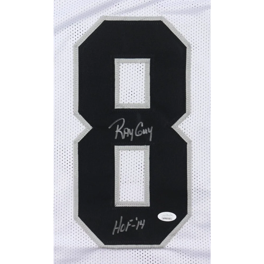 White Ray Guy signed jersey with black silver number 8 and signature collectible