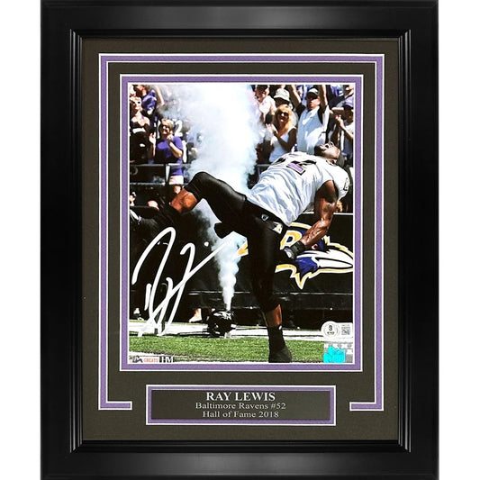Black-framed signed deluxe framed 8x10 photo of ray lewis baltimore ravens jersey with purple mat and plaque below
