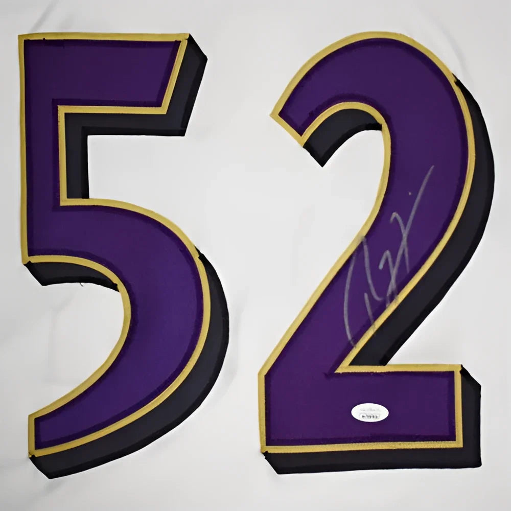 Ray Lewis autographed Baltimore Ravens white #52 custom jersey with purple gold 3D number