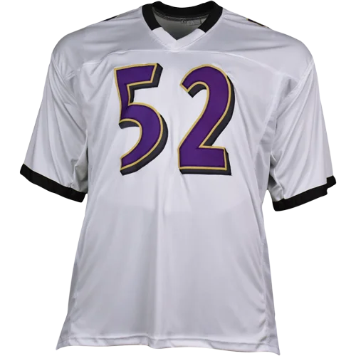 Autographed Baltimore Ravens white jersey #52 with purple gold number