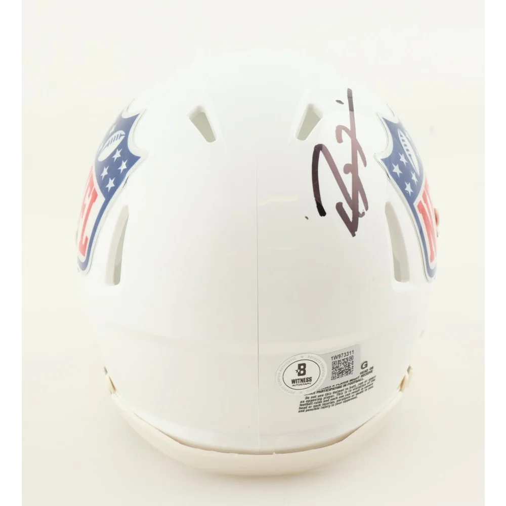 White NFL logo speed mini helmet with Ray Lewis autograph and Beckett auth
