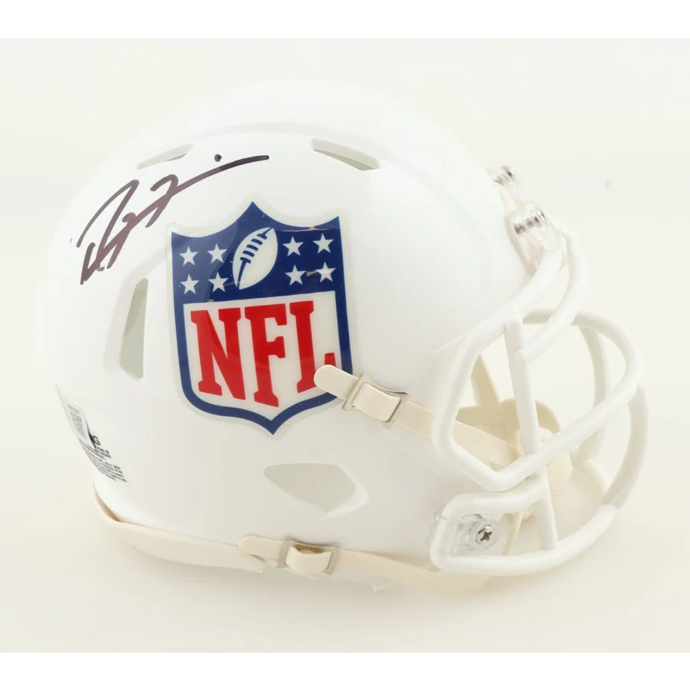 White mini NFL helmet with Ray Lewis signature and NFL logo speed mini design
