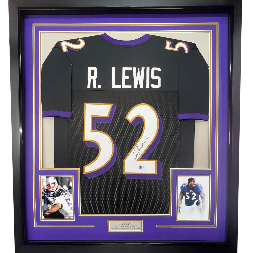 Autographed Ray Lewis #52 Ravens jersey framed with player photos for wall display
