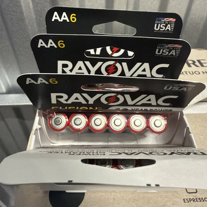 Rayovac Fusion AA batteries 6-pack red silver pack 12 year power guarantee