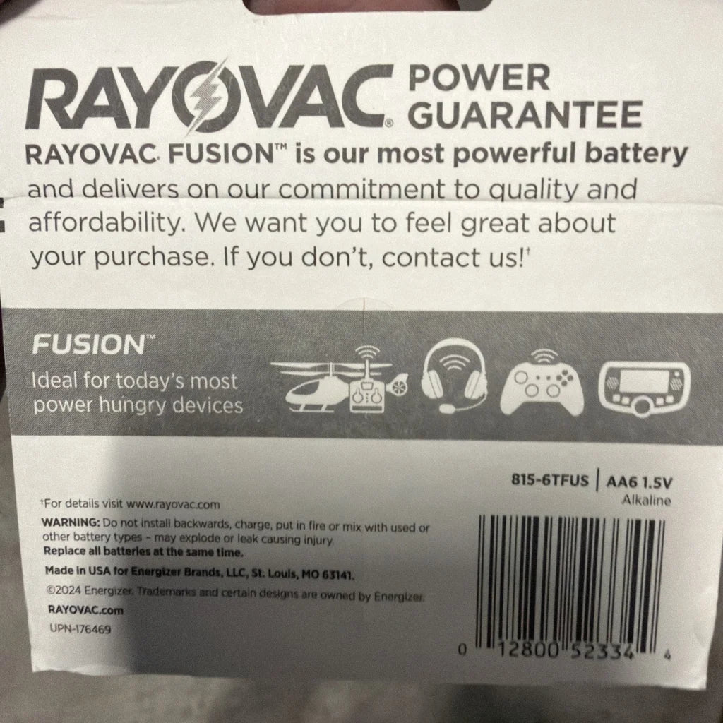 Rayovac Fusion AA batteries, 12 year power guarantee, 1.5V pack