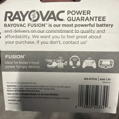 Rayovac Fusion AA batteries, 12 year power guarantee, 1.5V pack