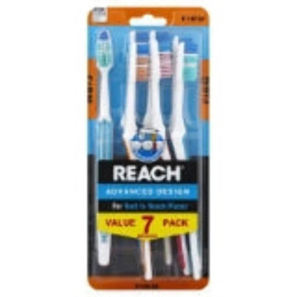 Reach Advanced Design toothbrush pack with 7 colorful multi-level bristle heads