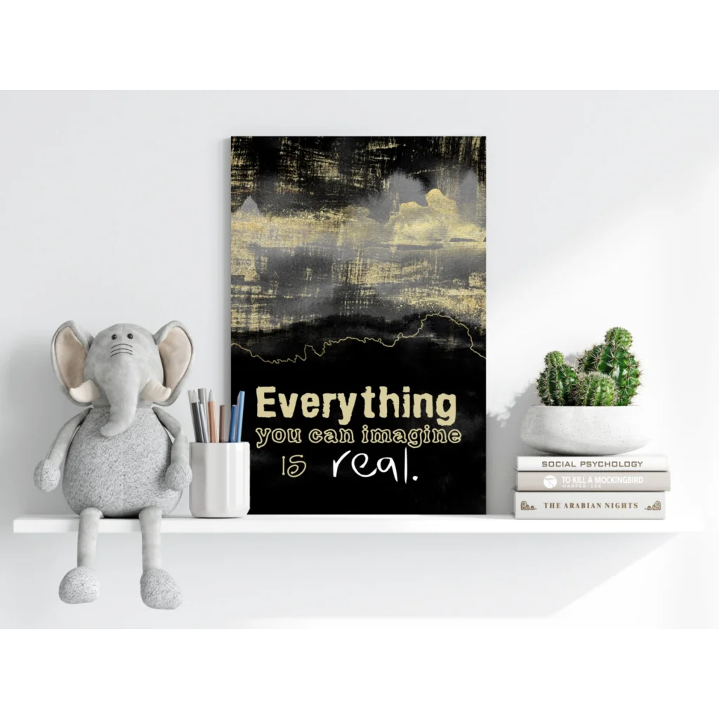Black and gold abstract Insigne aluminum print: Everything You Can Imagine Is Real