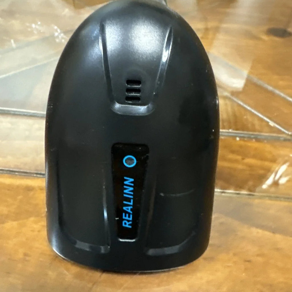 Realinn RL6200 wireless barcode scanner with sleek black design and blue branding