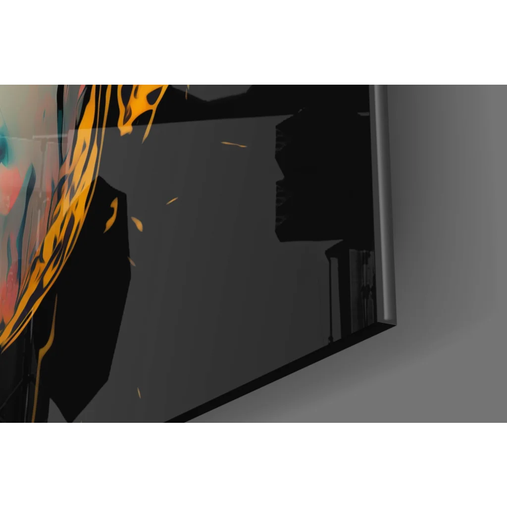 Sleek black-framed glass wall art with bold orange teal woman portrait