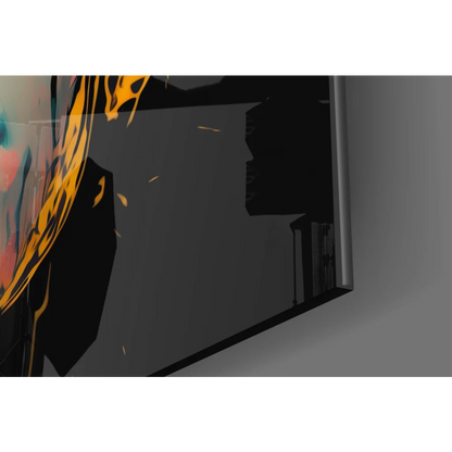 Sleek black-framed glass wall art with bold orange teal woman portrait