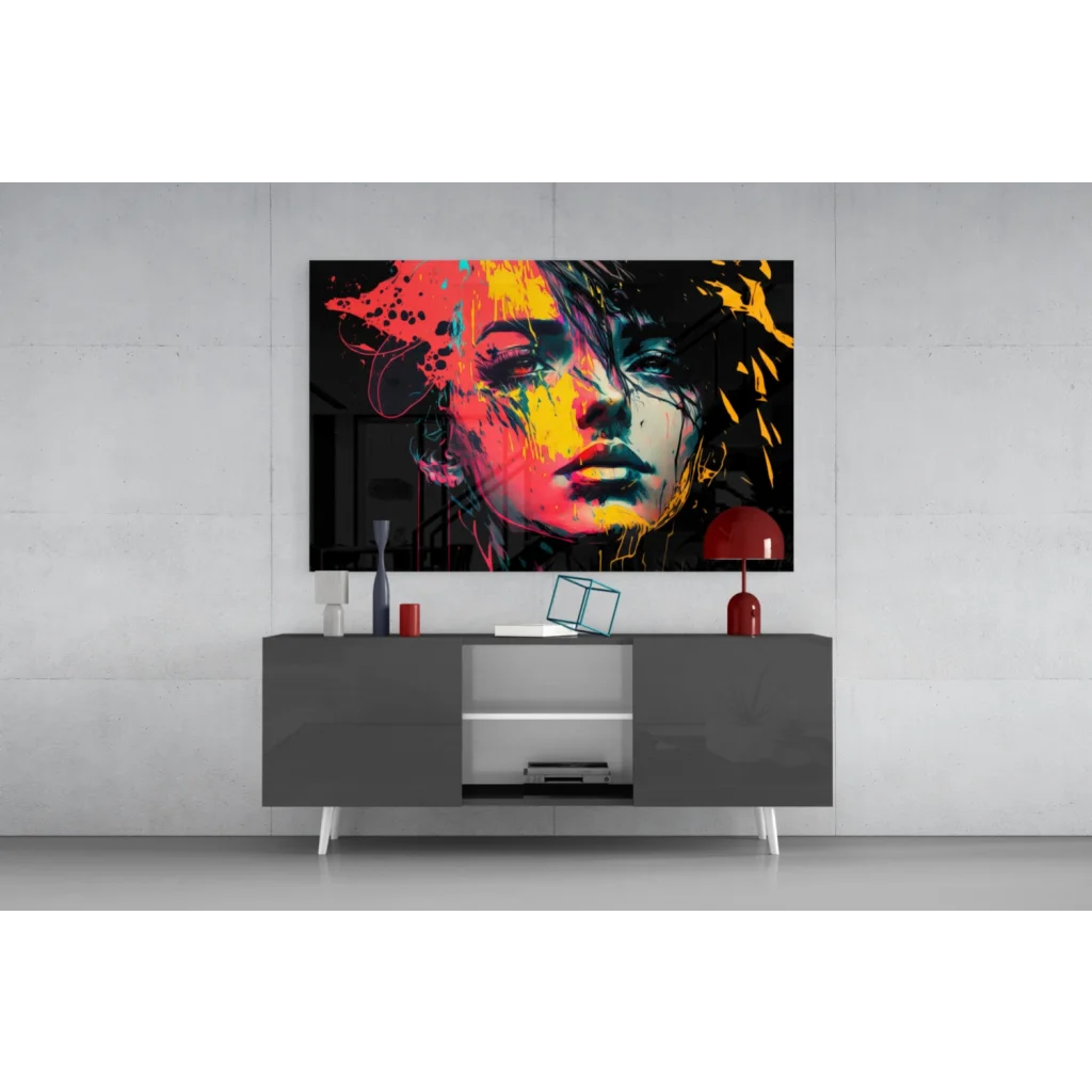 Bold splash abstract woman portrait wall art with vibrant red, yellow, orange on black canvas