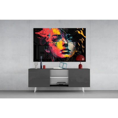 Bold splash abstract woman portrait wall art with vibrant red, yellow, orange on black canvas