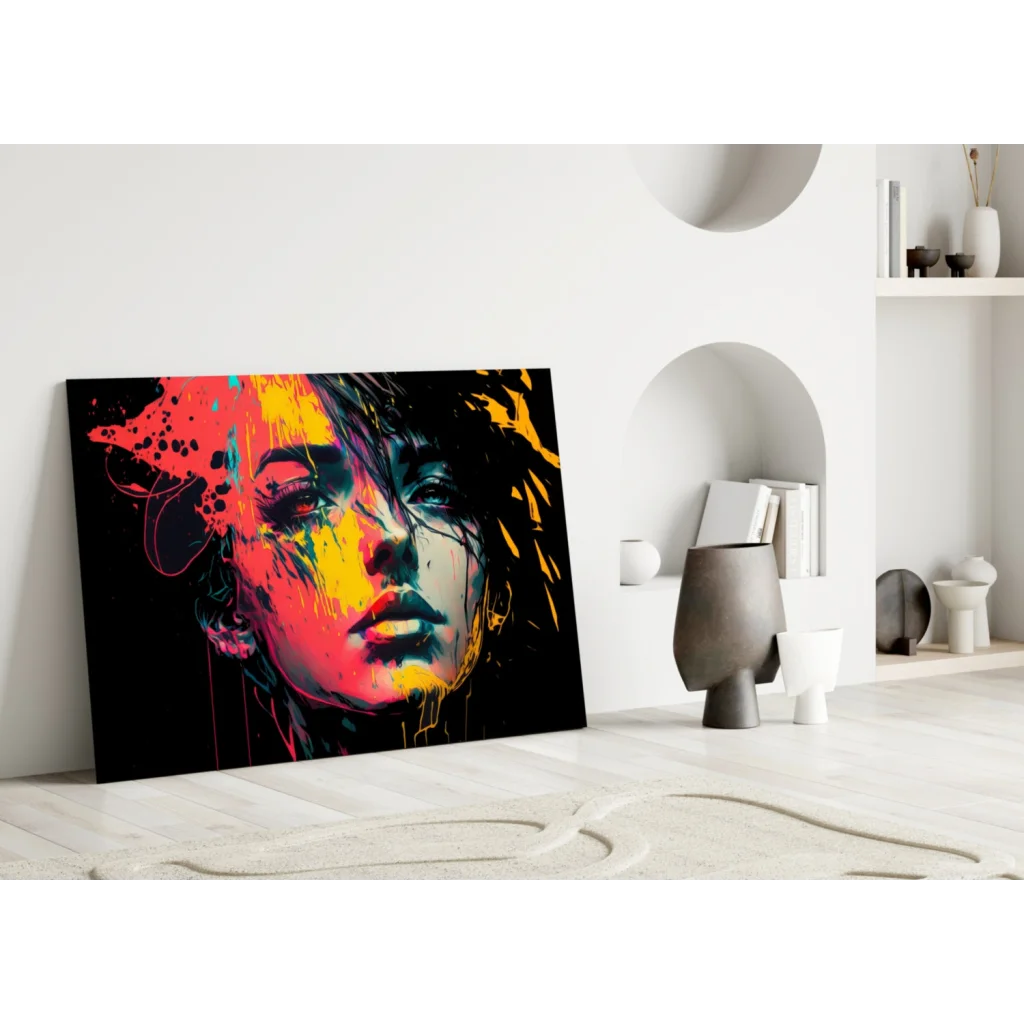 Bold splash abstract woman portrait canvas wall art with vibrant red yellow blue splatters on black