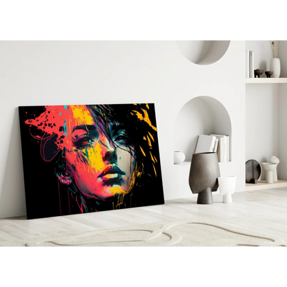 Bold splash abstract woman portrait canvas wall art with vibrant red yellow blue splatters on black