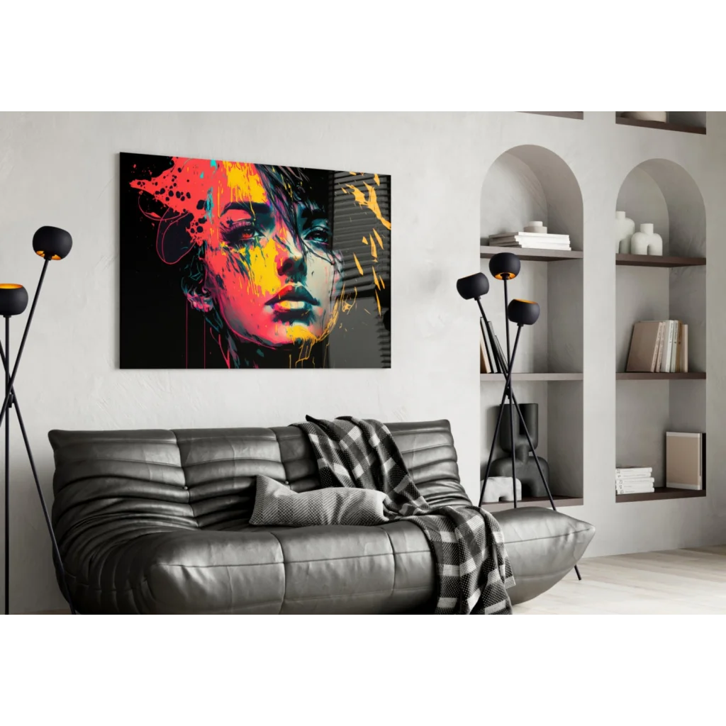 Vibrant abstract woman portrait canvas wall art with bold red orange yellow splashes on black
