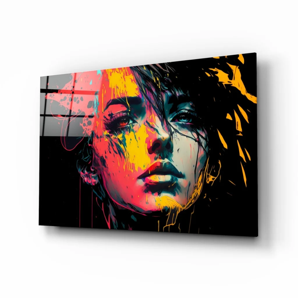 Vibrant abstract woman portrait canvas wall art with pink, yellow, teal splashes