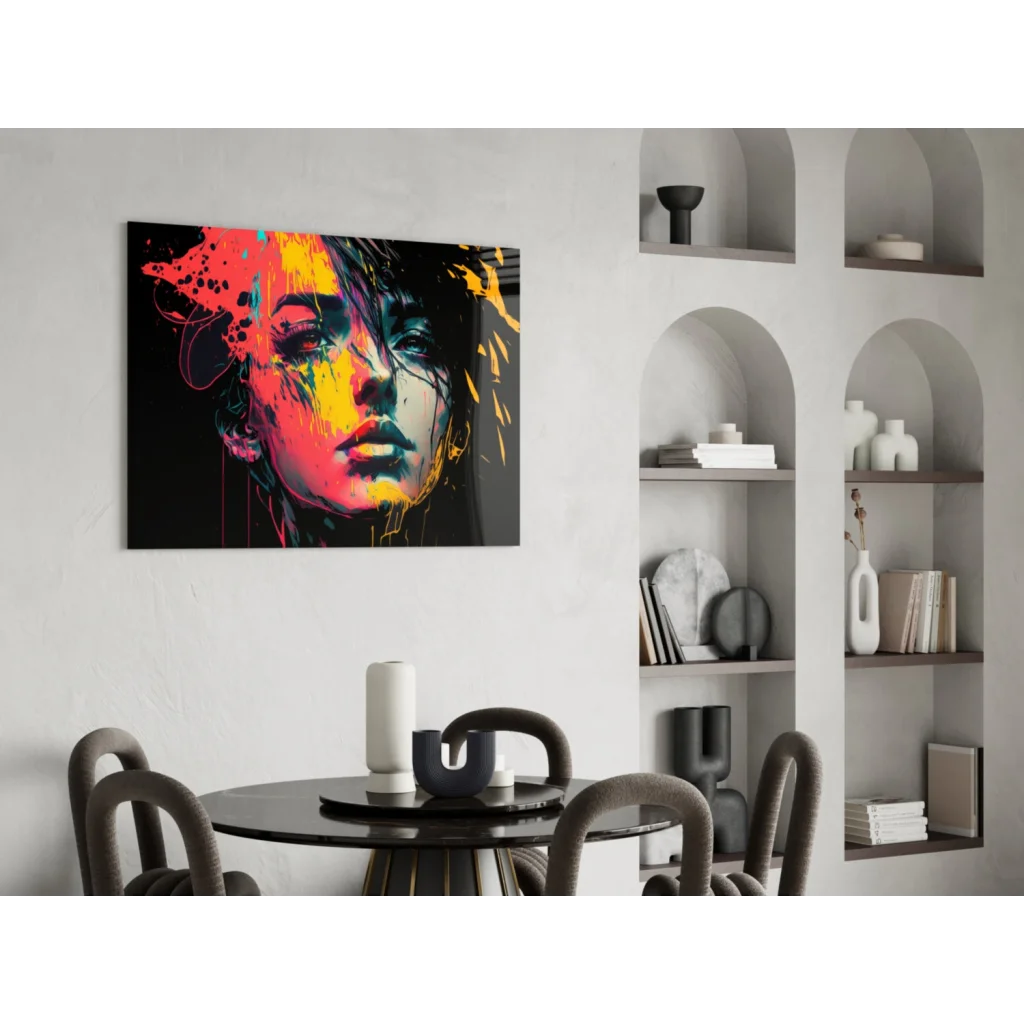 Bold splash abstract woman portrait canvas wall art with vibrant red, orange, yellow on black