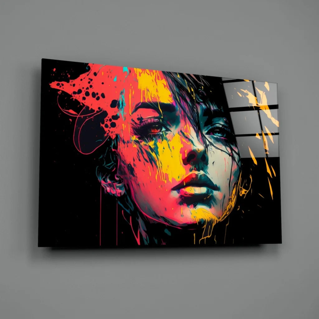 Bold splash abstract woman portrait wall art canvas with vibrant red, yellow, neon pink splatters on black background